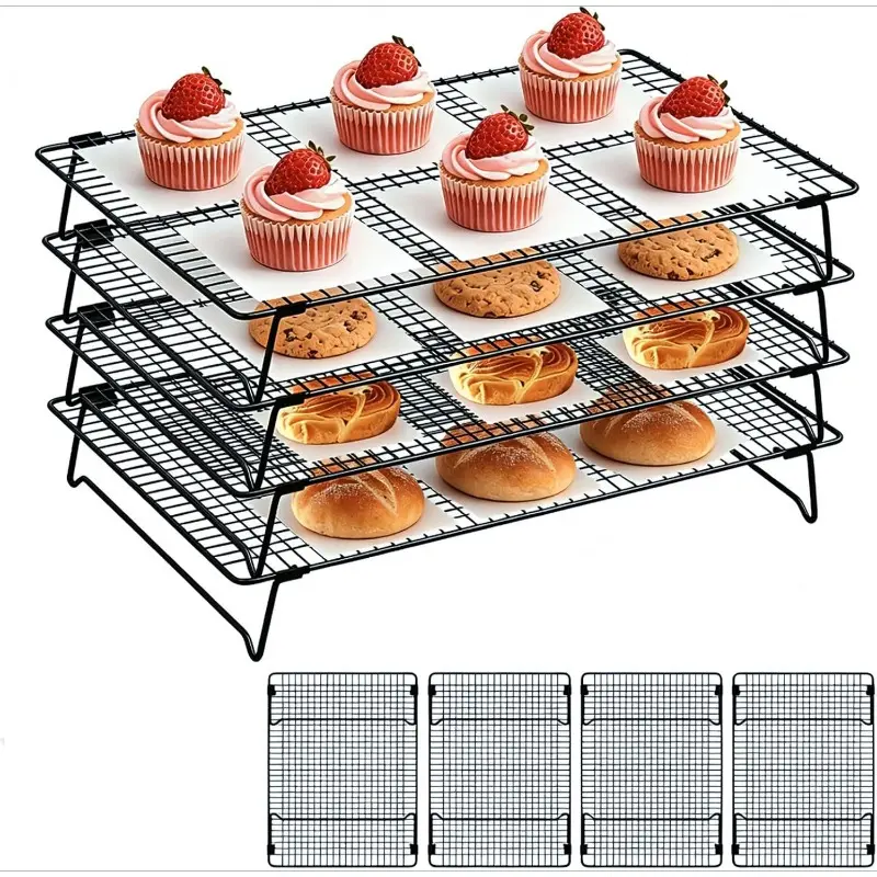 4-Tier Stainless Steel & Carbon Steel Square Nonstick Grid Cooling Rack - Stackable, Collapsible, Heavy Duty, Oven Safe, Easy Clean Bakeware for Baked Goods, Cake Baking, Roasting (Stacked Set)