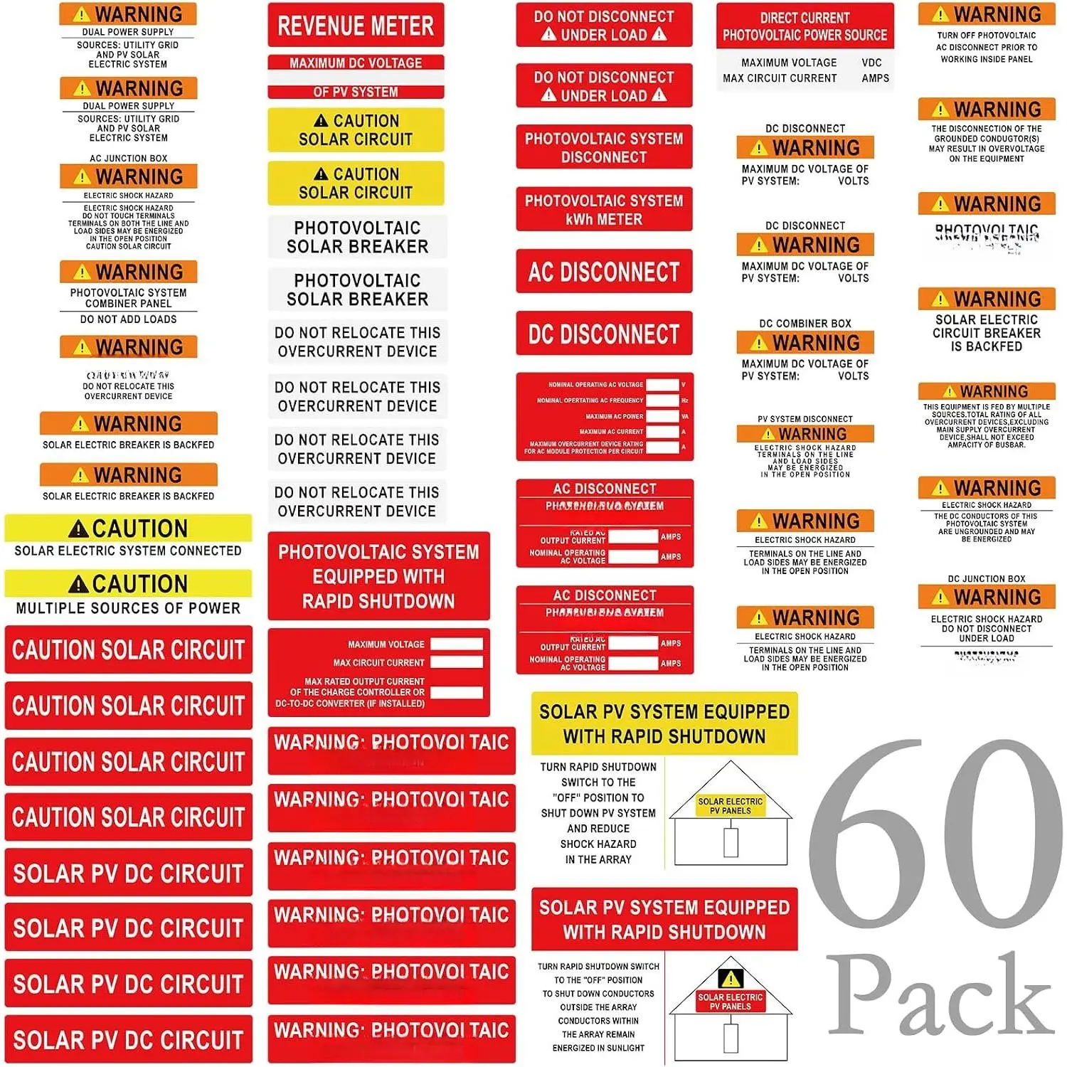 60 Pack Photovoltaic Solar System Installer Label Kit, PV Label Kit  Solar PV Stickers 2017/2020/2023 NEC Code Compliant Electrical Panel Installer Kits