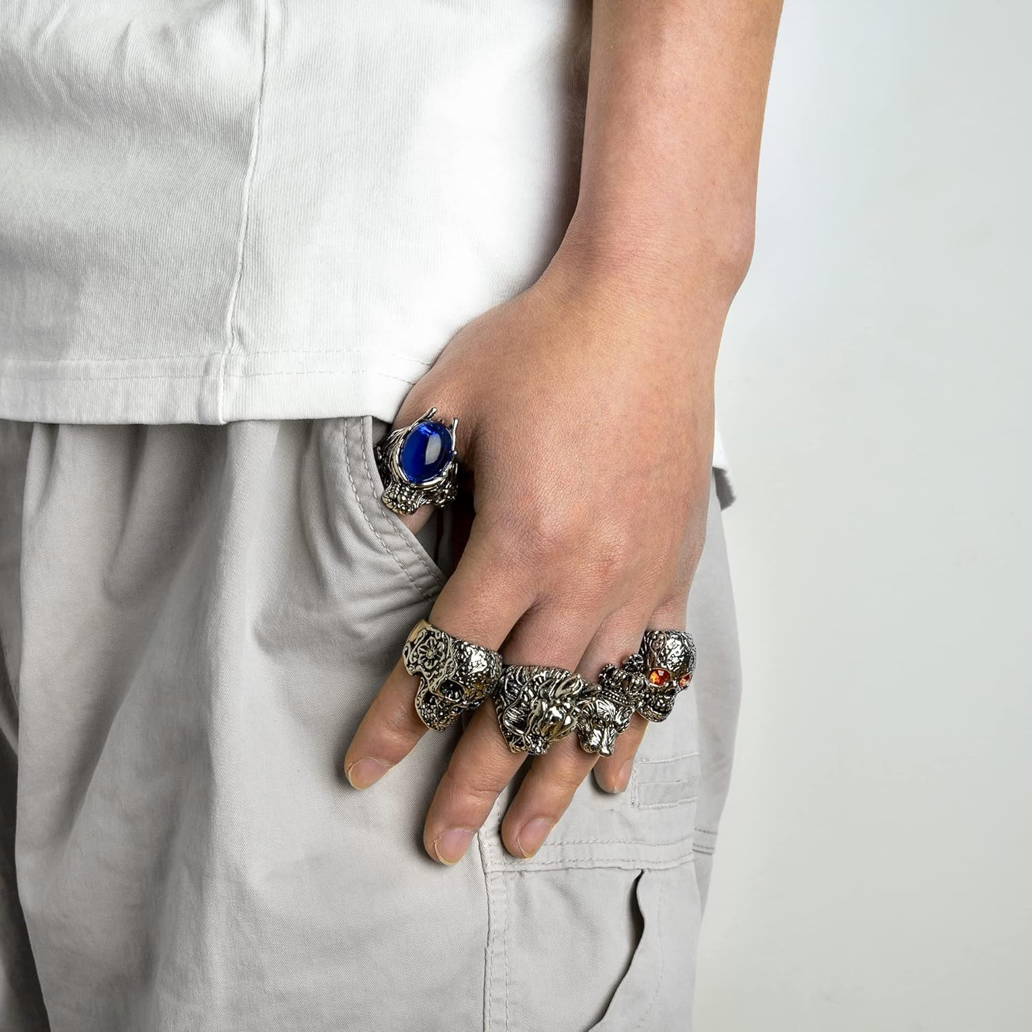 16-24 Pcs Vintage Punk Rings Set Gothic Biker Adjustable Rings Skeleton Skull Ring Feather Snake Drgon Lion Wolf Tiger Head Ring