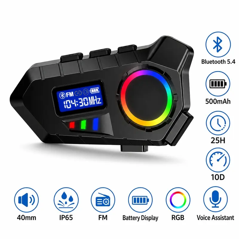 Motorcycle Helmet Bluetooth Headset, Bluetooth 5.4 Helmet Speaker with FM Radio, 25-Hour Battery Life, Battery Display, IP65 Protection and Ambient Light