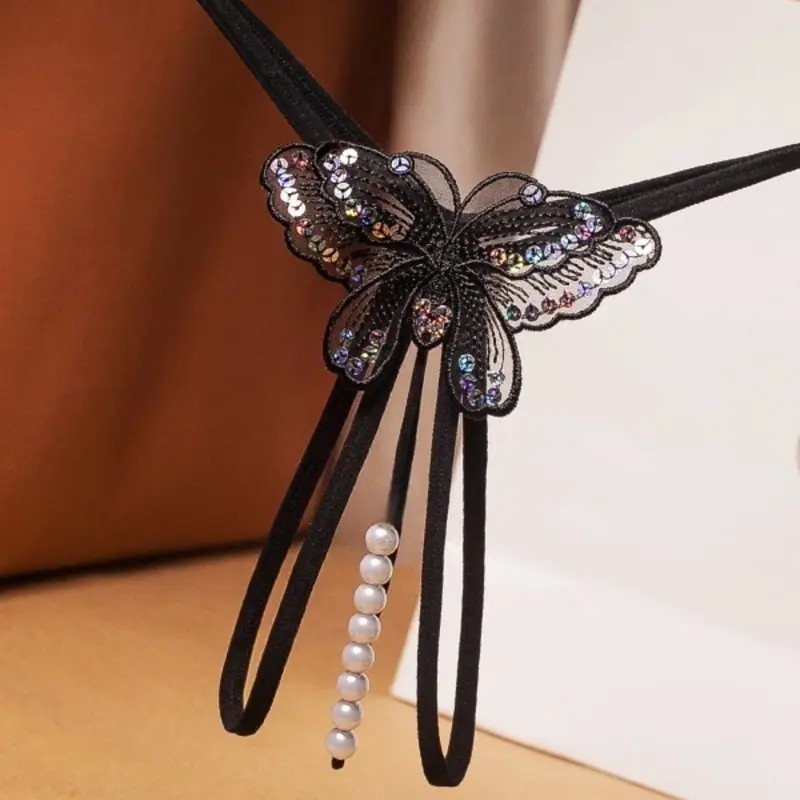 Fashion Women's Sexy Slim G-String Panties, Strap, Butterfly Lace Cutout Embroidered Thong, Artificial Pearl String, Ideal Gift Choice