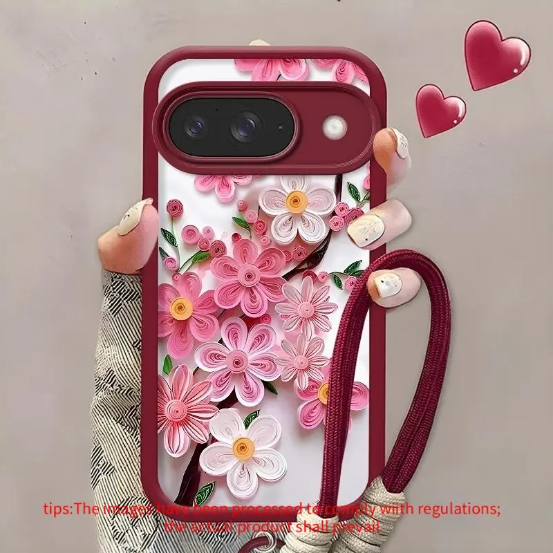 Chinese-style handmade quilling flower phone case, Protective, soft case in pink floral design with raised camera bezel, detachable wrist strap, compatible with Google Pixel 7/7a/7 Pro/8/8 Pro/8a/9/10/10 Pro. Comes with lanyard