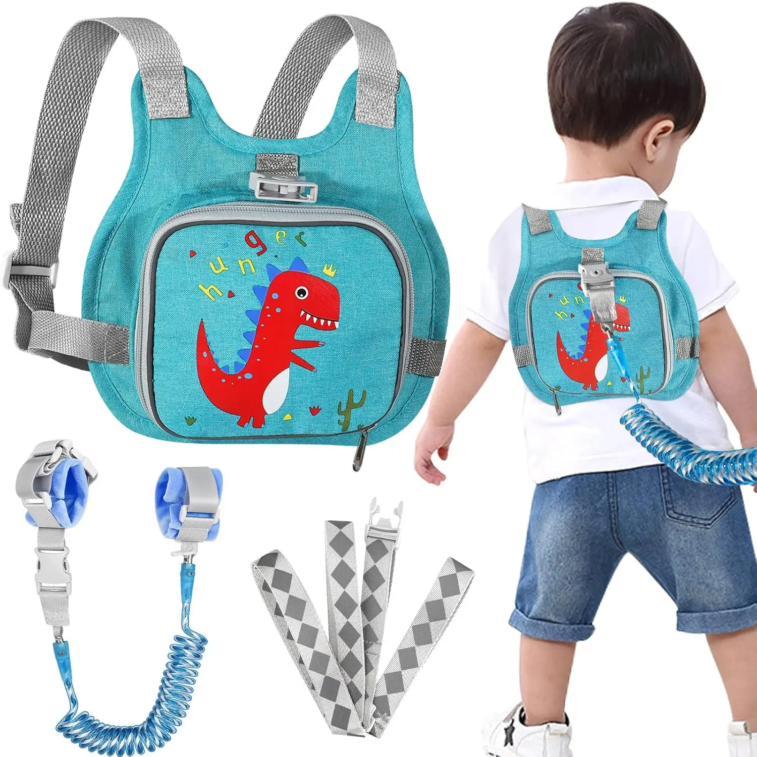 Toddler Harness Leash + Anti Lost Wrist Link, Dinosaur Baby Harnesses with Kids Leashes for Boys, Cute Child Walking Anti-Lost Holder Bracelet Strap Tether for Outdoor Keep Kid Close (Blue)