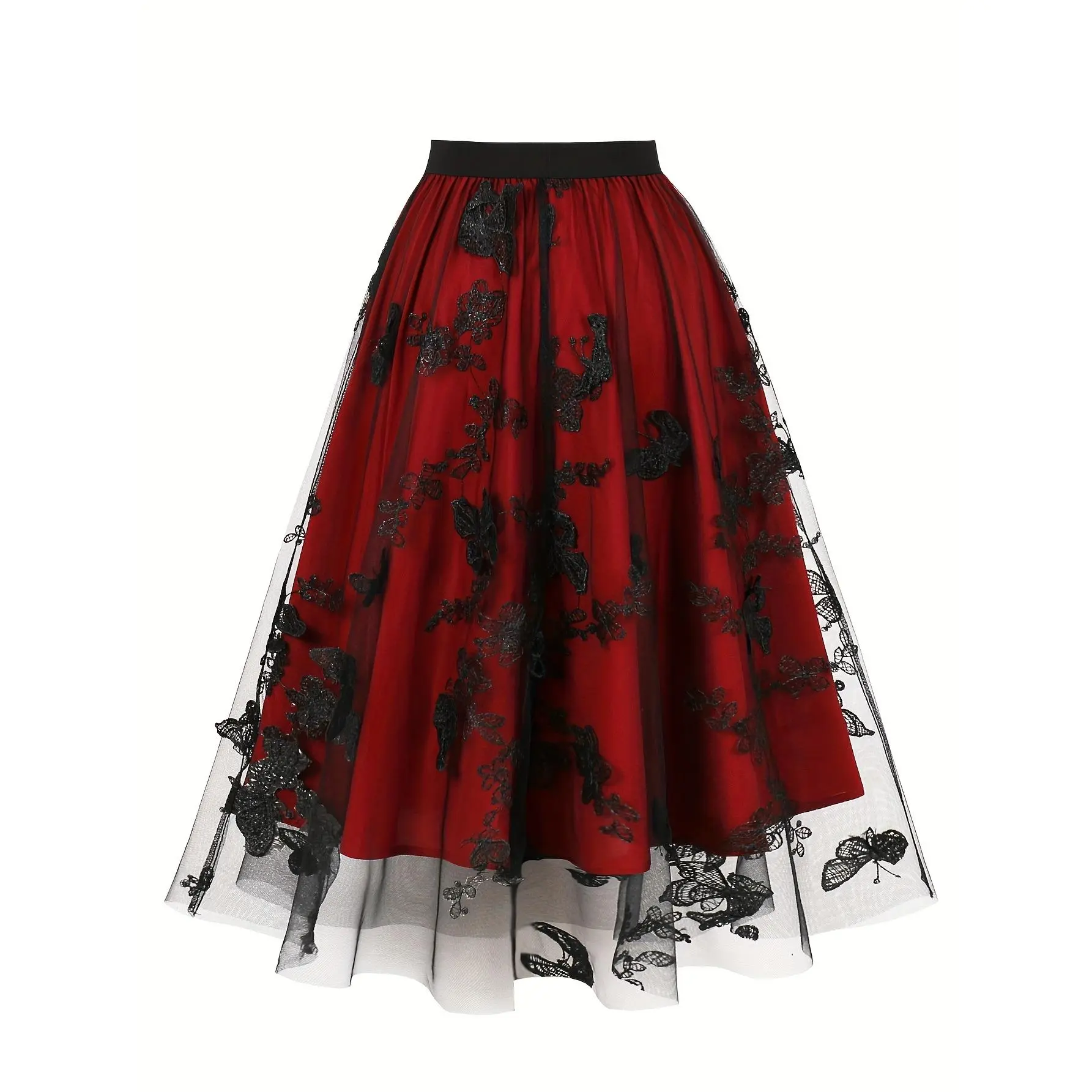 Ele Black Embroidered Butterfly Tulle Skirt - Flowy A-Line with Lace Detail, Perfect for All Seasons, Allseason Skirt| Butterfly Embroidery| Lace Detailing, Butterfly Skirt