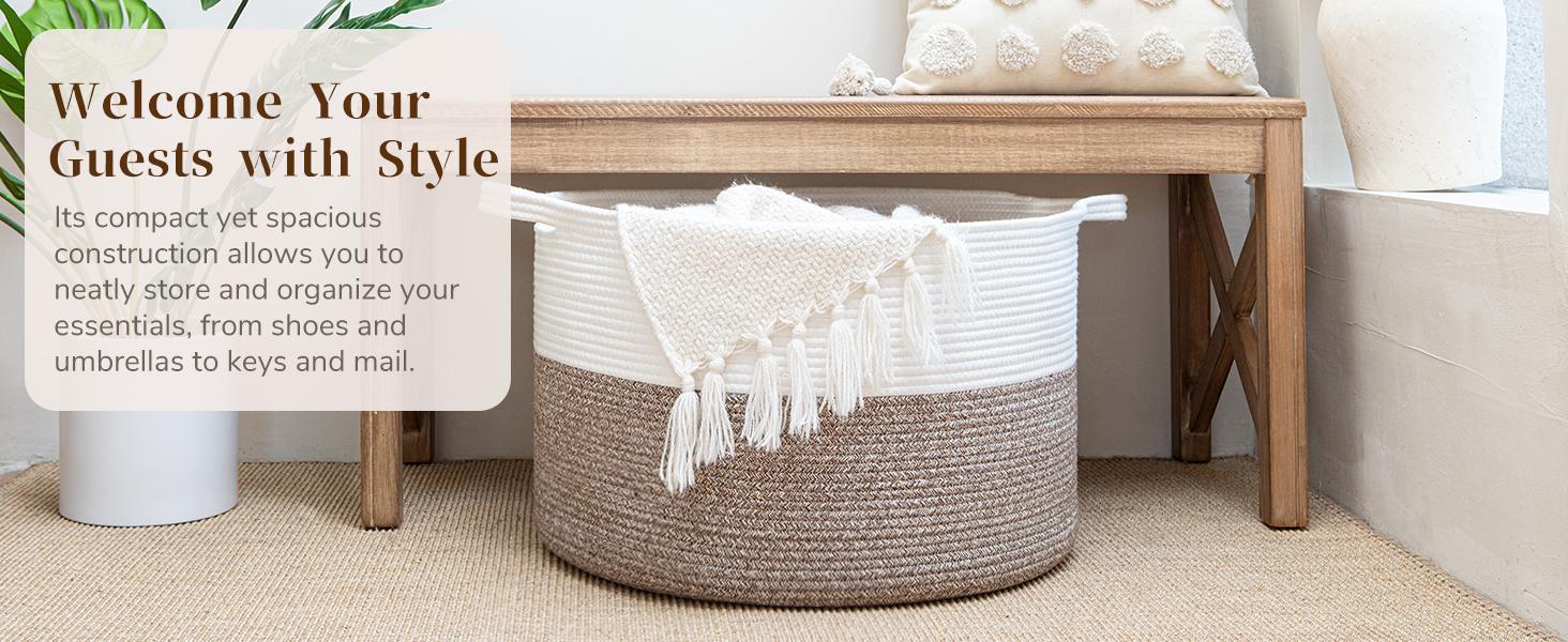 XXXLarge Cotton Rope Basket Woven Laundry Baskets Blanket Baskets Basket with Handle Comforter Cushions Storage Bin Thread Laundry Hamper - 21.7" x 21.7" x 13.8" :