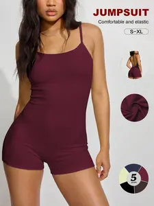 Sexy Backless Ribbed Romper, Fitted Spaghetti Strap Unitard, Summer Bodycon, Sleeveless Plain Jumpsuit, All Seasons Style, Women