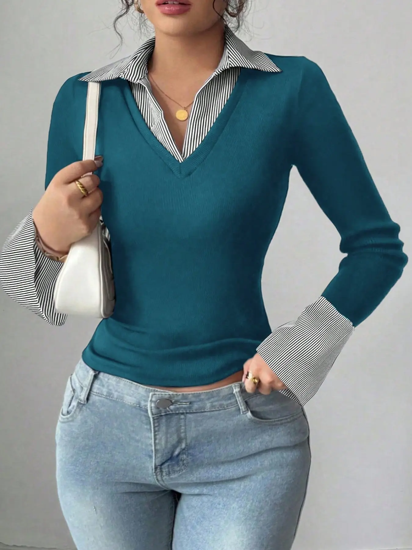 Women's Fall New Two-Piece Long Sleeve Knit Top Fall Knitwear, Professional Office Blazer V-Neck Striped Patchwork Shirt, Slim Fit Bell Sleeve Casual Top