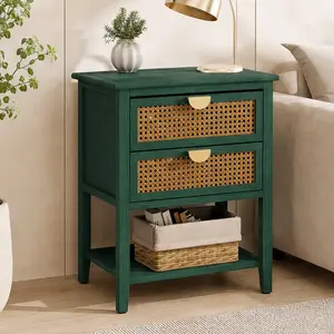 ARCH 2 Drawer End Side Table with Natural Rattan Accents, MDF Wood Nightstand for Bedroom Living Room Study, Green Storage Cabinet with Metal Handles, Non-Slip Pads, 15.75x22.05x28.35 Inches, Green Color Options, MDF Material, Product Dimensions: