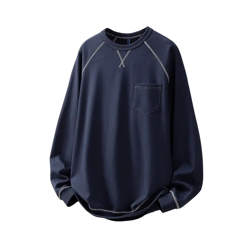 Menswear Stylish 100% Cotton Round Neck Pullover Sweatshirt - Men's Autumn Contrast Stitch Raglan Long Sleeve Top, Minimalist X-Shaped Neck Seam, Chest Patch Pocket, Cuff & Hem Binding Trim Daily Casual Commuter Shirt, Plain, Chest Pocket, Slim-Fitting, X
