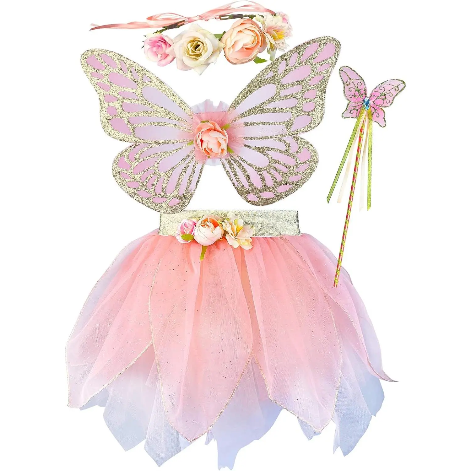 Girls Fairy Costume Set with Butterfly Wings Tutu Wand and Halo Headban