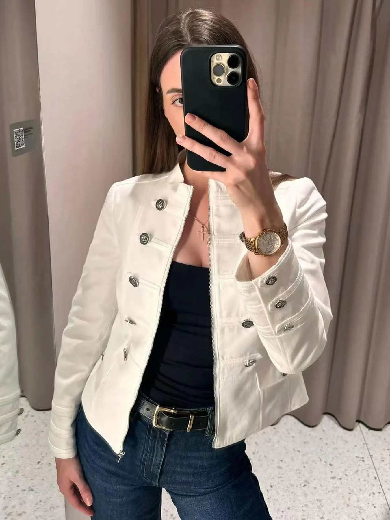 Women's Jacket Cropped Blazer Jacket White Stand Collar Coat Double Row Buttons blazer For Women Spring Autumn Zip Front Pocket Button Detail Blazer Elegant Casual Long Sleeve Outerwear Military Slim Jacket