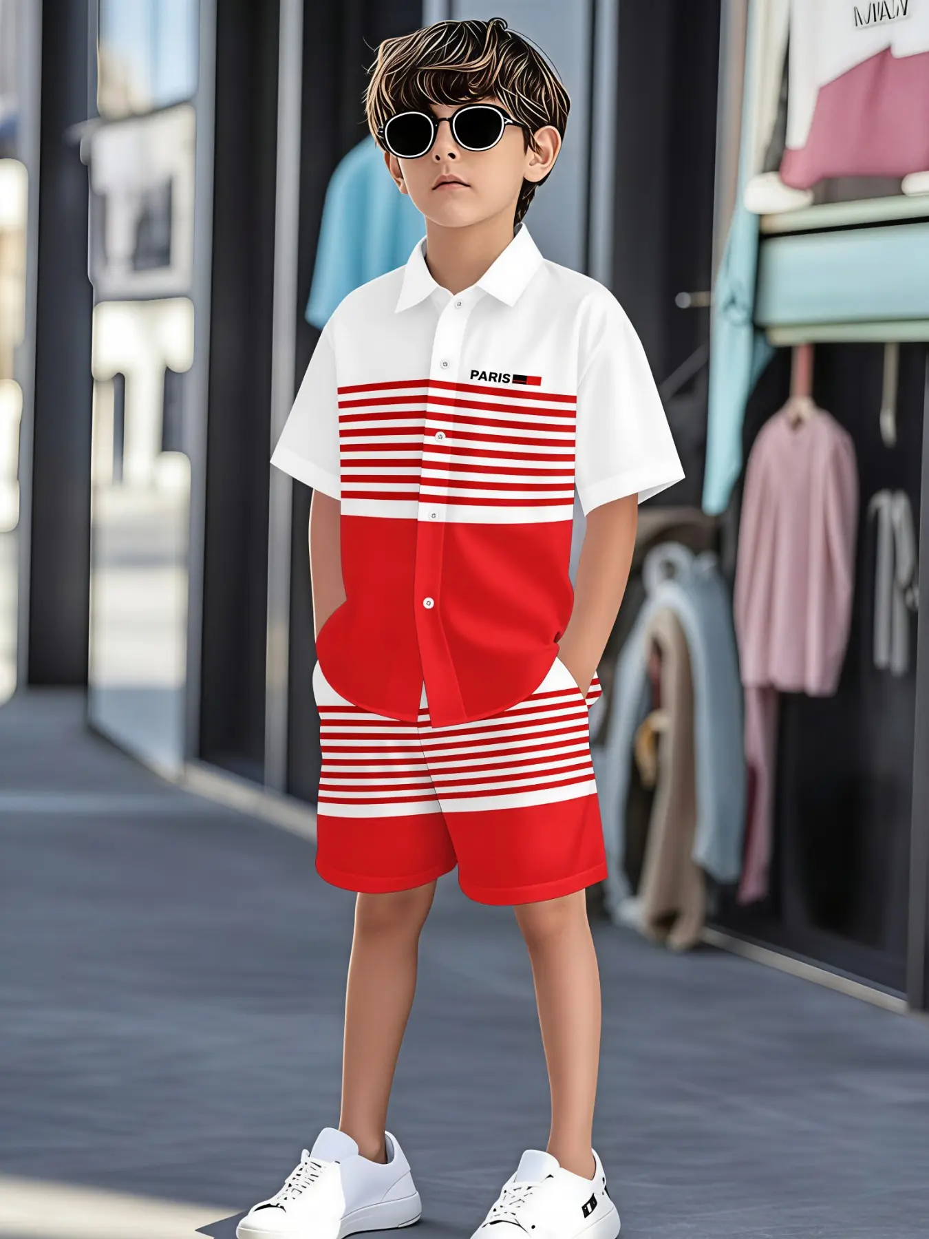 Boys French style horizontal striped lapel shirt set, wrinkle resistant washable fabric, kids summer clothing for holiday parties and amusement park visits