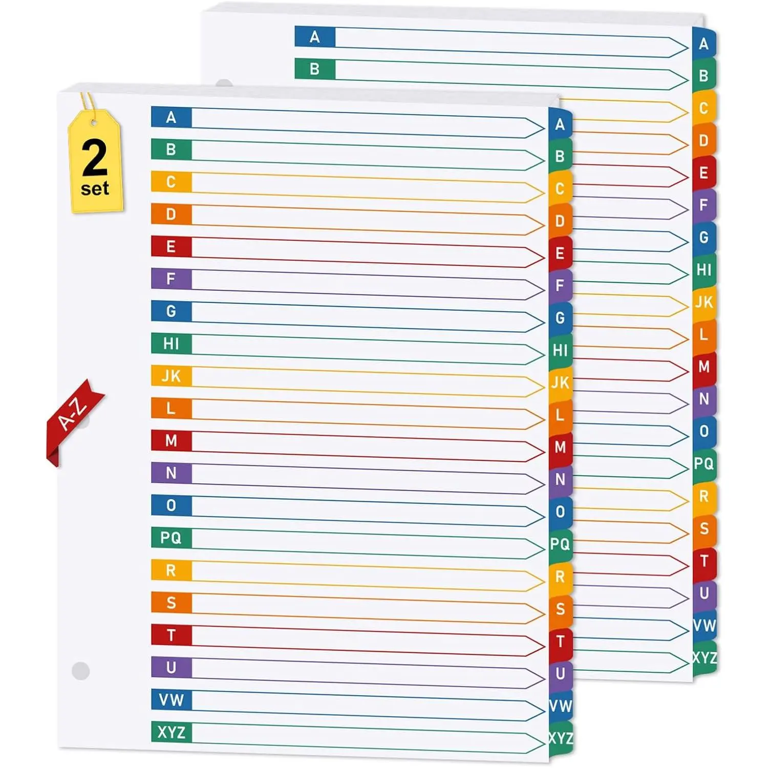 2 Sets A-Z Alphabet Dividers for 3 Ring Binder Notebook, 20-Tab 8.5 x 11 in | White Paper and Multicolor Preprinted Tabs Page Dividers for Organizing Documents Files at Office, School,