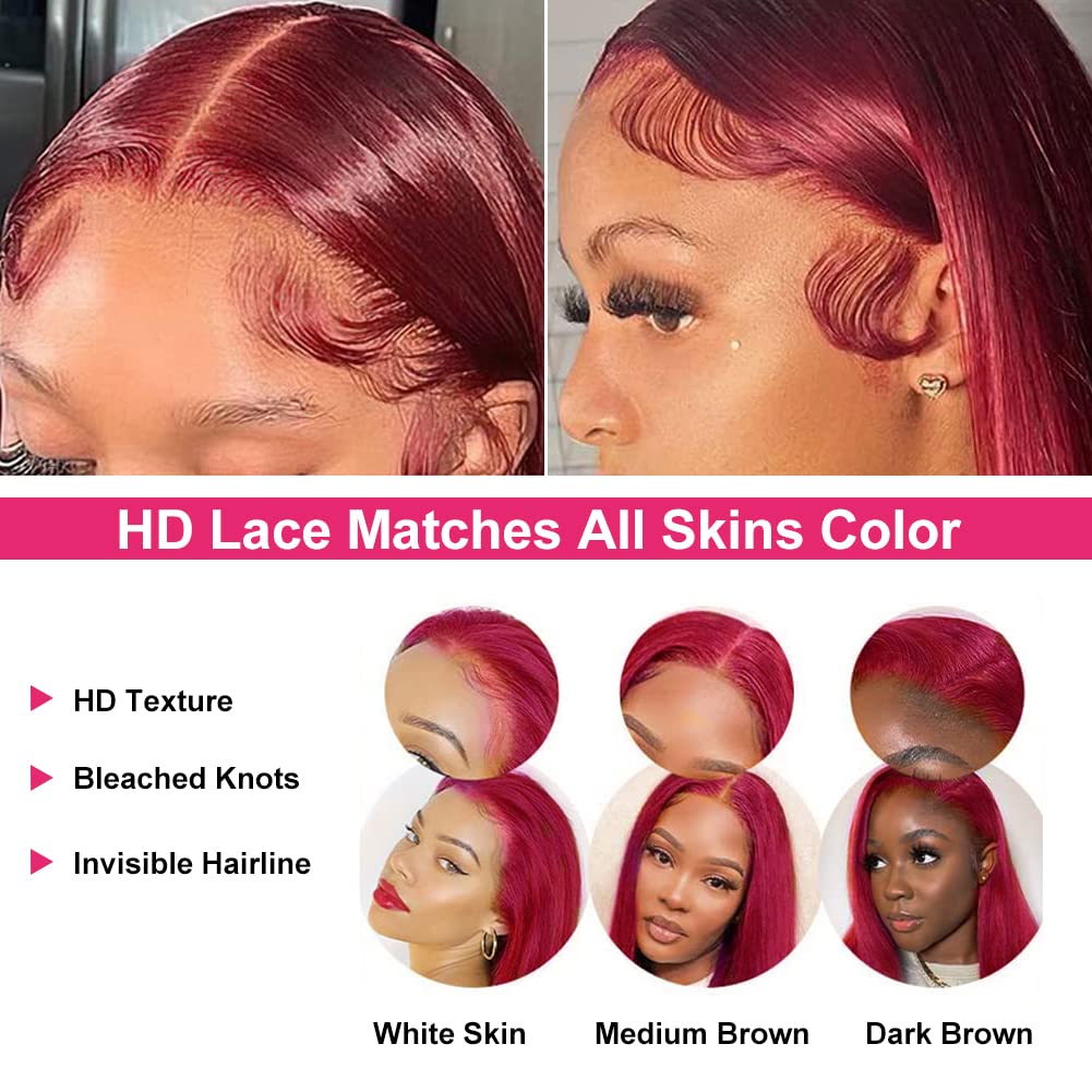 Bling Hair 99J Burgundy Lace Front Wigs Straight 13x6 13x4 HD Transparent Lace Frontal Wigs Human Hair 180% Density Pre Plucked With Baby Hair 99J Body Wave Colored Lace Front Hair Wigs For Women