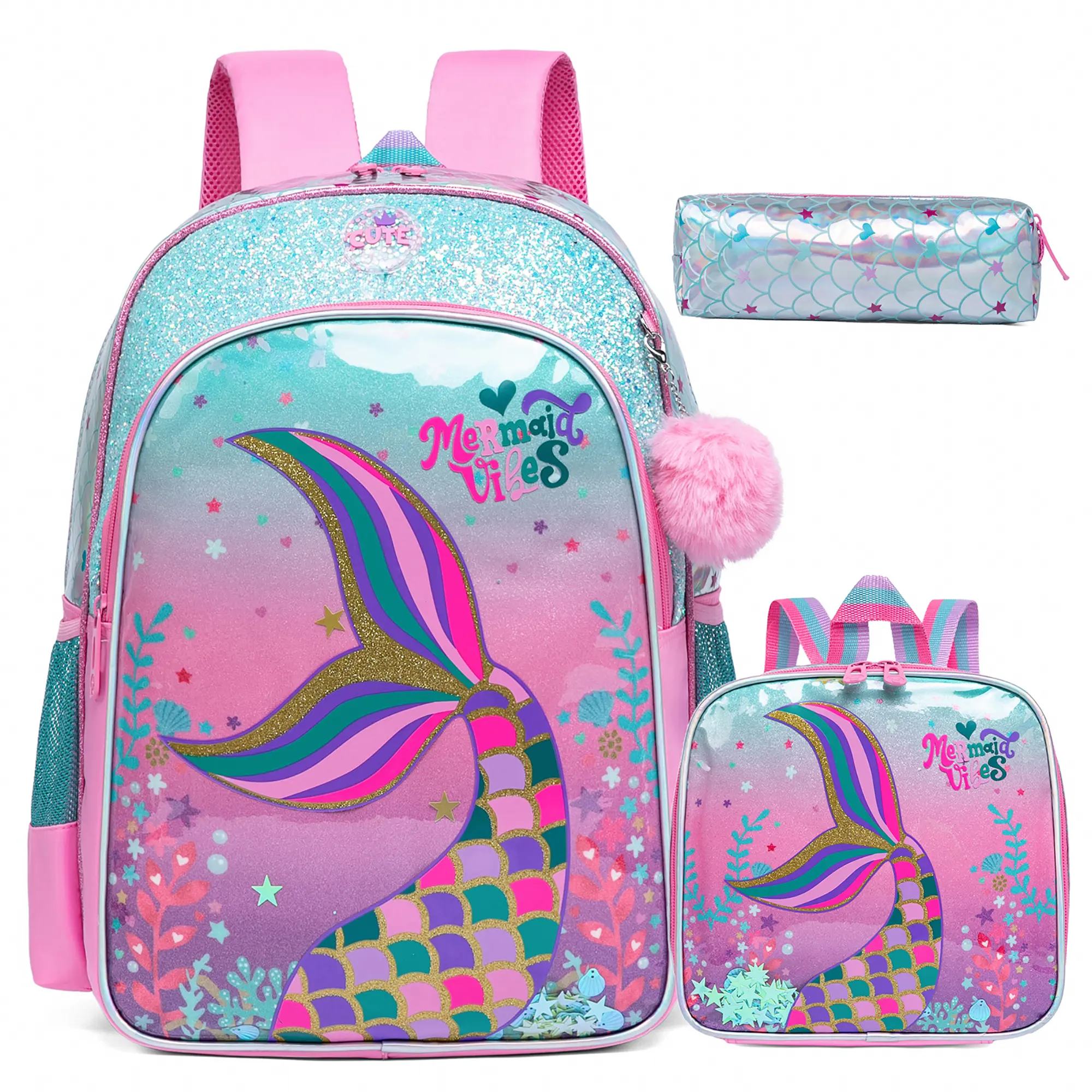 3-Piece Girls Mermaid School Backpack Set | Shimmering Glitter Mermaid Vibes Bookbag with Insulated Lunch Box & Pencil Case | Cute Pink Pastel Schoolbag for Kids