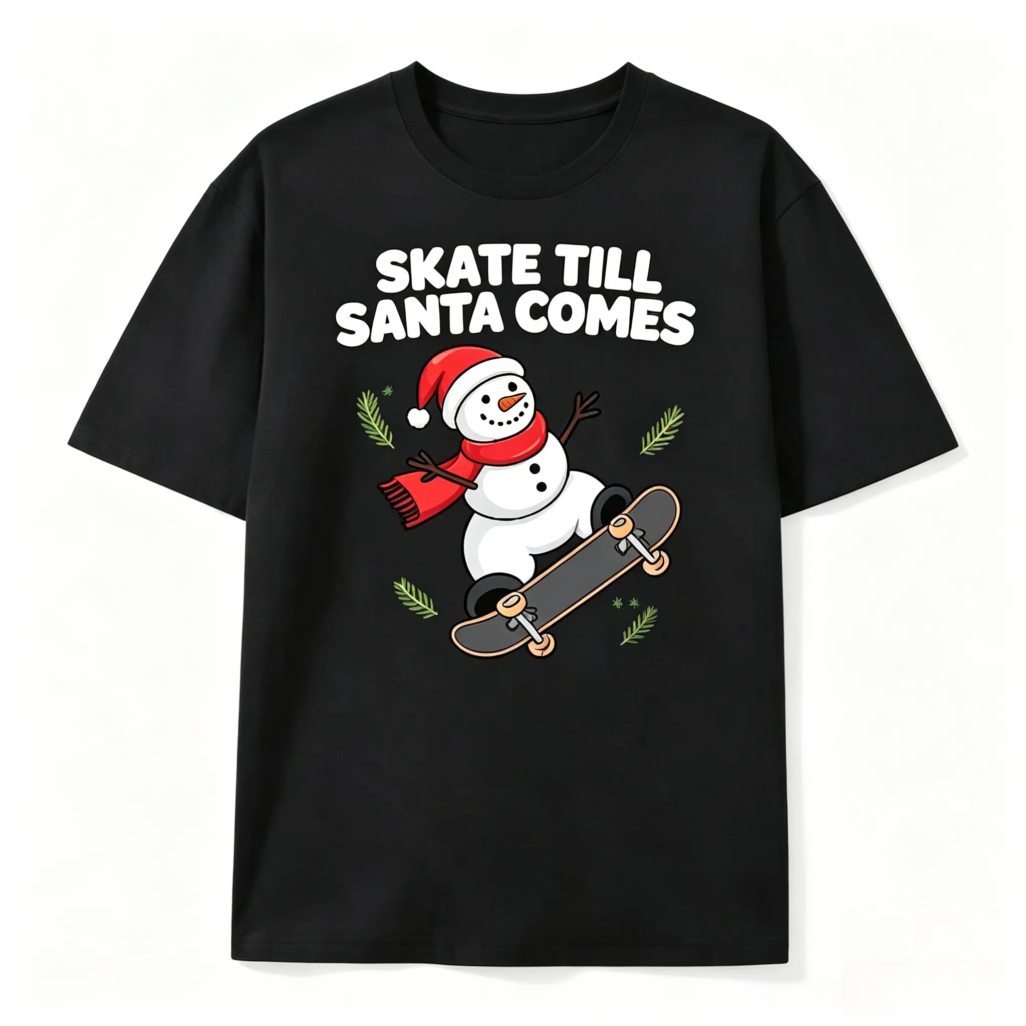 Skate Till Santa Comes Snowman Skate Christmas Graphic Oversized Cotton T-Shirt, Fashion Casual Outfit, Cute Valentine's & Christmas Holiday Gift For Him Her Family Friends