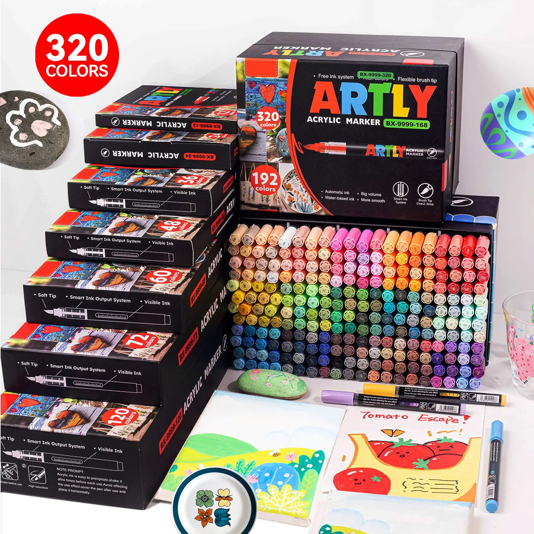 120-320 Pcs Acrylic Marker Pens Set, Non-Transparent Watercolor Brushes, Ideal for Rock Art, Calligraphy, DIY Crafts, School Supplies