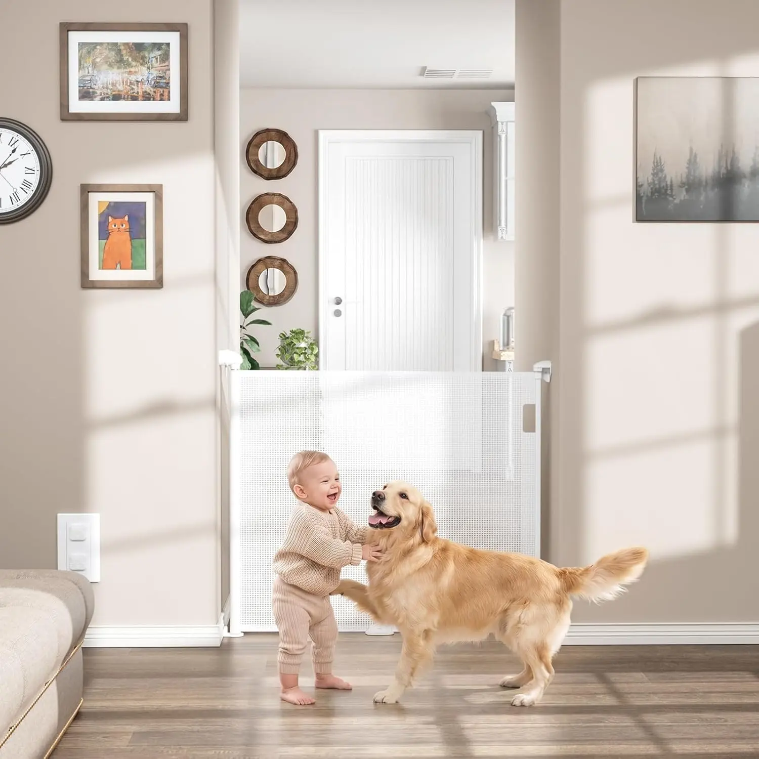 Retractable Baby Gates for Stairs, Retractable Dog Gate for Indoor/Outdoor Use | Child Gates for Doorways, Deck, Porch, Hallways, Patio (White, 55" Wide 34" Height)