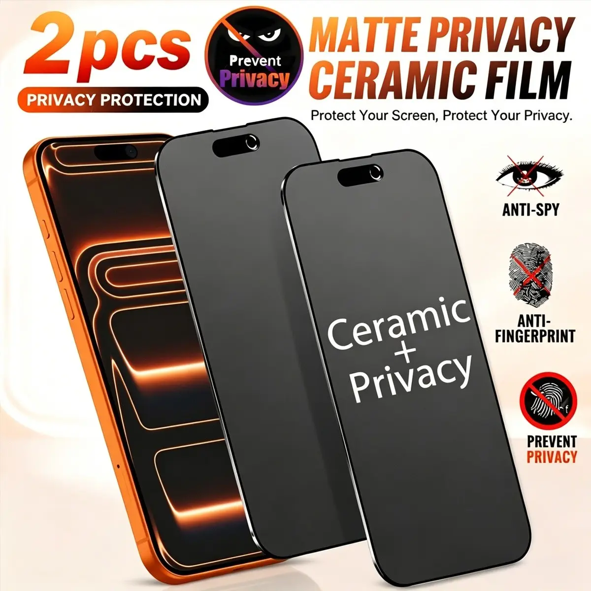 2-Pack Matte Anti-Spy Ceramic Film for Apple iPhone 17/16/15/14/13/12/11 Pro Max, Flexible Edge Protection, Fingerprint Resistant, Privacy Screen Protector