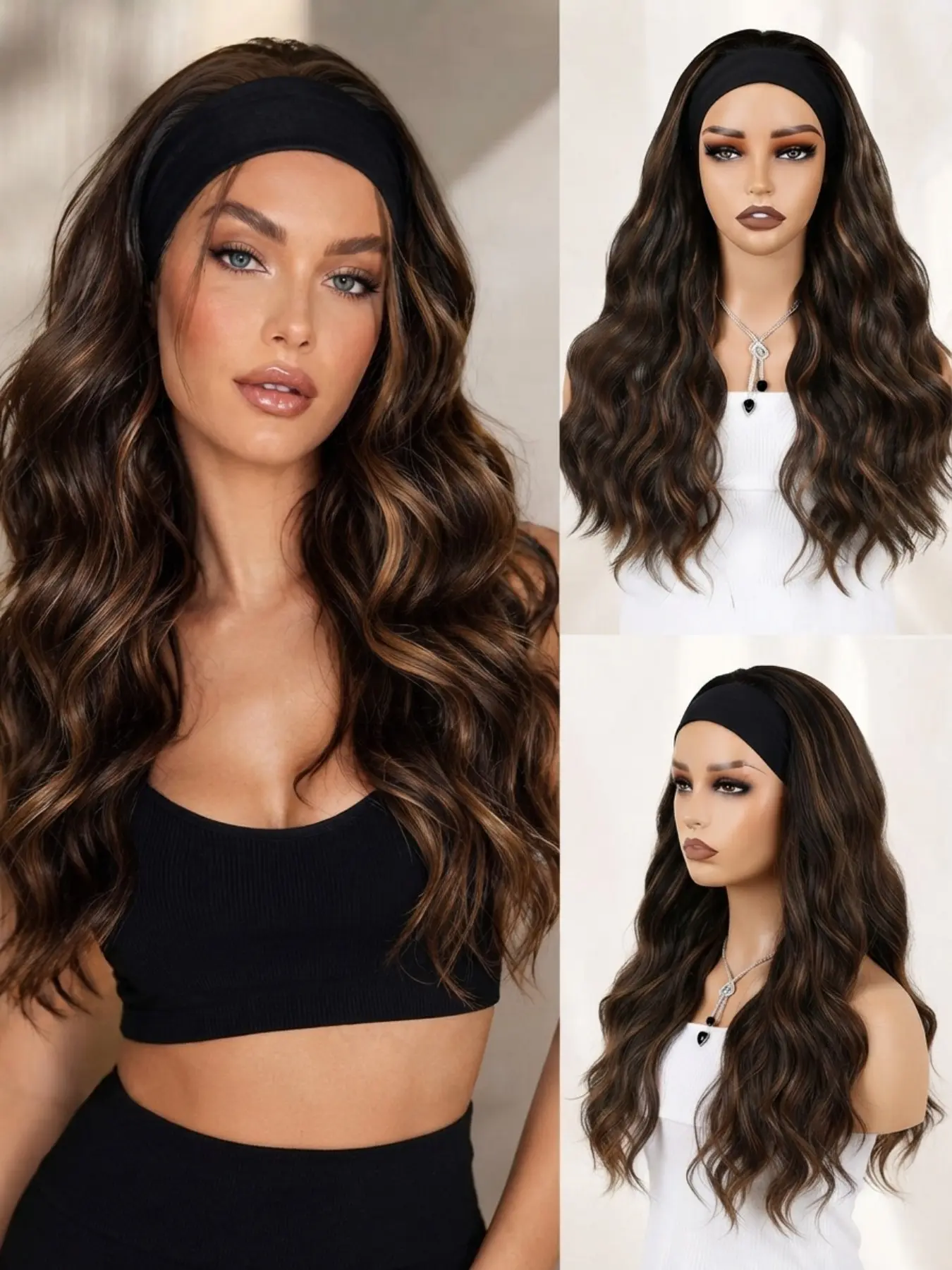 Highlight Headband Wig, Long Wavy Synthetic Hair for Women, Chocolate Brown with Caramel Highlights, Glueless & Easy to Wear, Soft Natural Look, Comfortable Black Headband, Breathable Wig for Daily Use & Parties, Heat Friendly