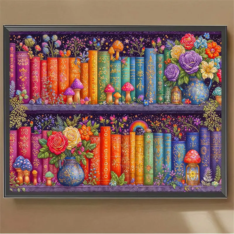 5D DIY Acrylic Diamond Painting Kit - Whimsical Vintage Ornate Books, Colorful Mushroom, Floral Rainbow Witchy Magical Bookshelf Art, Hobbies Kit for Adults, Craft Supplies for Adults, Cottagecore Study Room Wall Decor