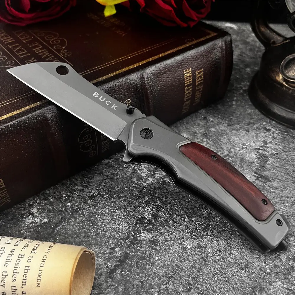 Retro wooden-handle tactical folding knife, Outdoor Camping Knives, made of 420 steel with a wood handle, with a flat-cut 5Cr13Mov wide blade, easy to open with one hand, suitable for outdoor camping, vehicle emergency use, and daily EDC