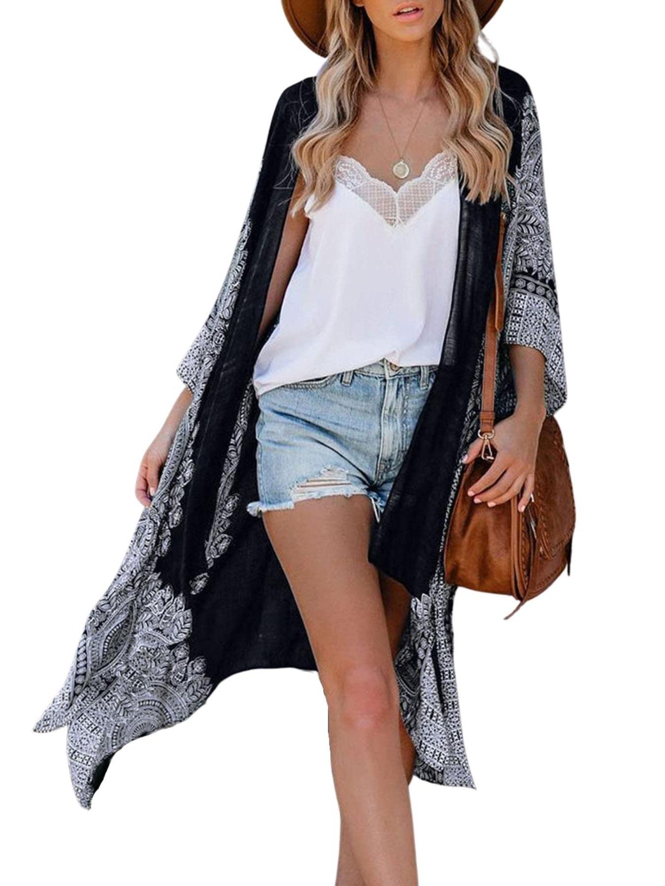 Women's Ethnic Pattern Kimono, Boho Casual Open Front Cover Up for Beach Vacation, Ladies Spring & Fall Clothes