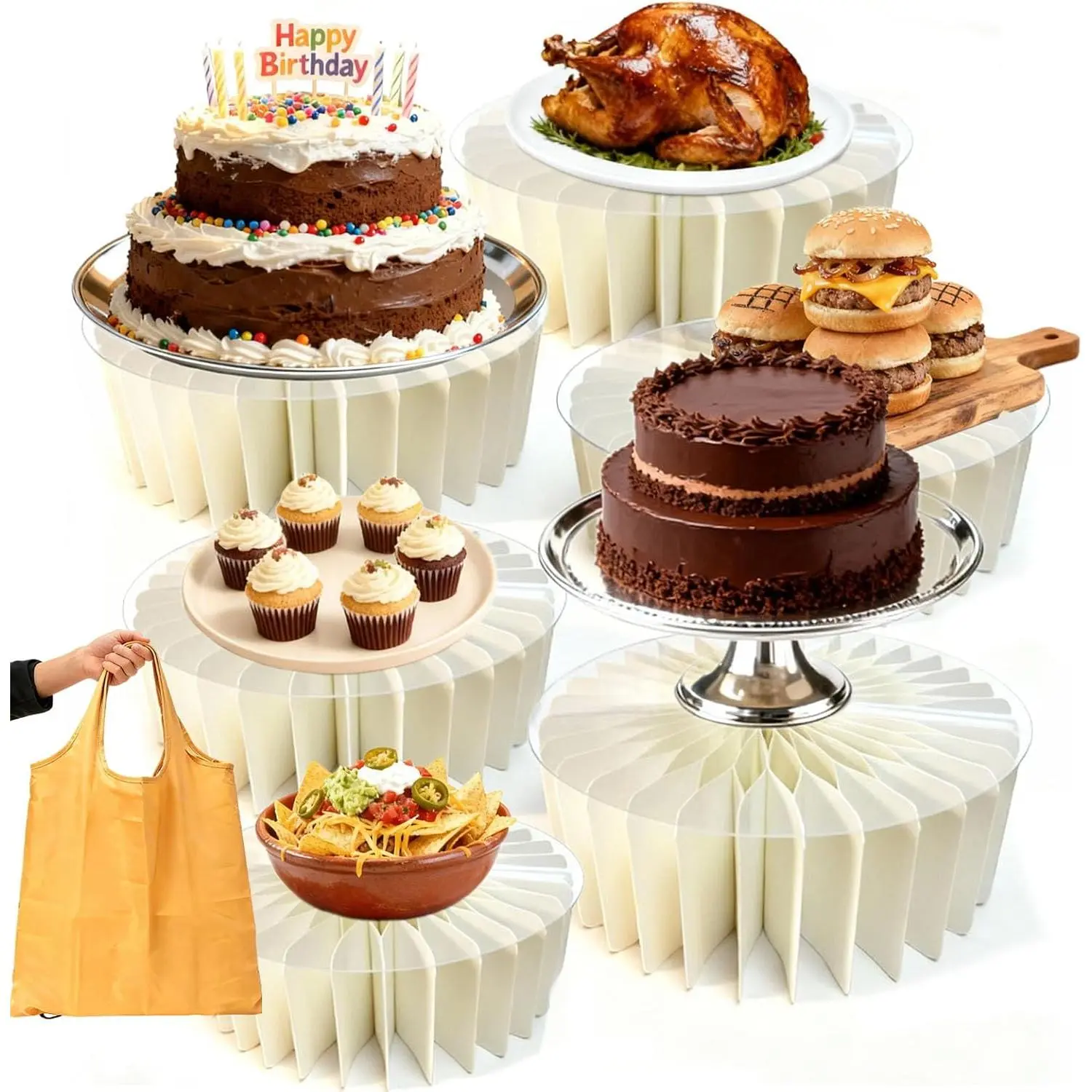 6 count Foldable Buffet Risers,  Risers Display Stands For Party | 12"  Cardboard &  Display Risers for Cake Display, Birthday, Wedding, Catering & Party Decor 150 lbs White