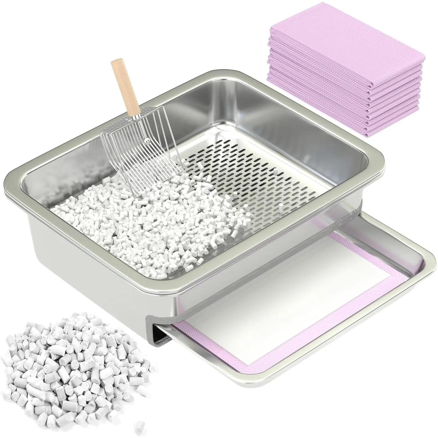 Stainless Steel Dual-Layer Cat Sifting Litter Box with 3.5lbs Zeolite Litter Pellets, 5.9in High Sides, Perforated Base, Odor Control Tray, Scoop, Pads, Smooth Surface, Versatile & Durable, Fits Standard Trash Bags, Ideal for Small Homes