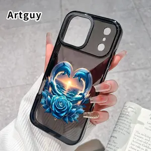 Dolphin Heart Rose Printed Phone Case for iPhone 17 Pro Max 16 15 Plus Air 14 13 12 11 Durable and Stylish Airbag Shockproof Protective Smartphone Cover