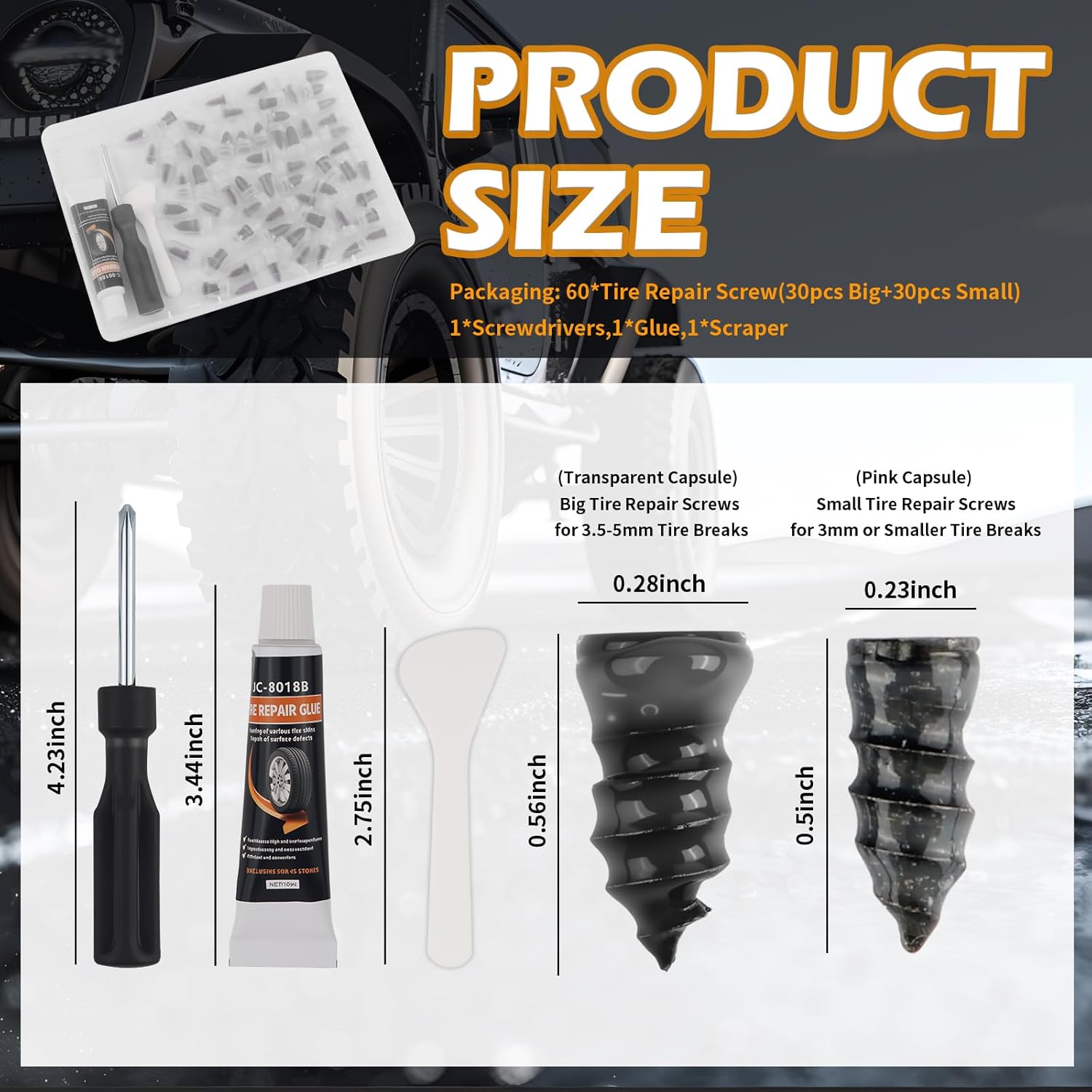 60PCS Car Tire Repair Rubber Nail Kit,Self-Tapping Tire Plug Kit Includes Tires Repairs Screws/Screwdrivers/Glue,Professional Tires Repair Screws Kits for Cars/Motorcycle