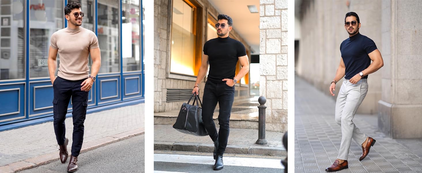 PASLTER Casual Slim Fit Basic Tops Short Sleeve Shirt Turtleneck T Shirts Rib Knitted Stretch Pullover Sweater PQ4654 Knitwear Menswear