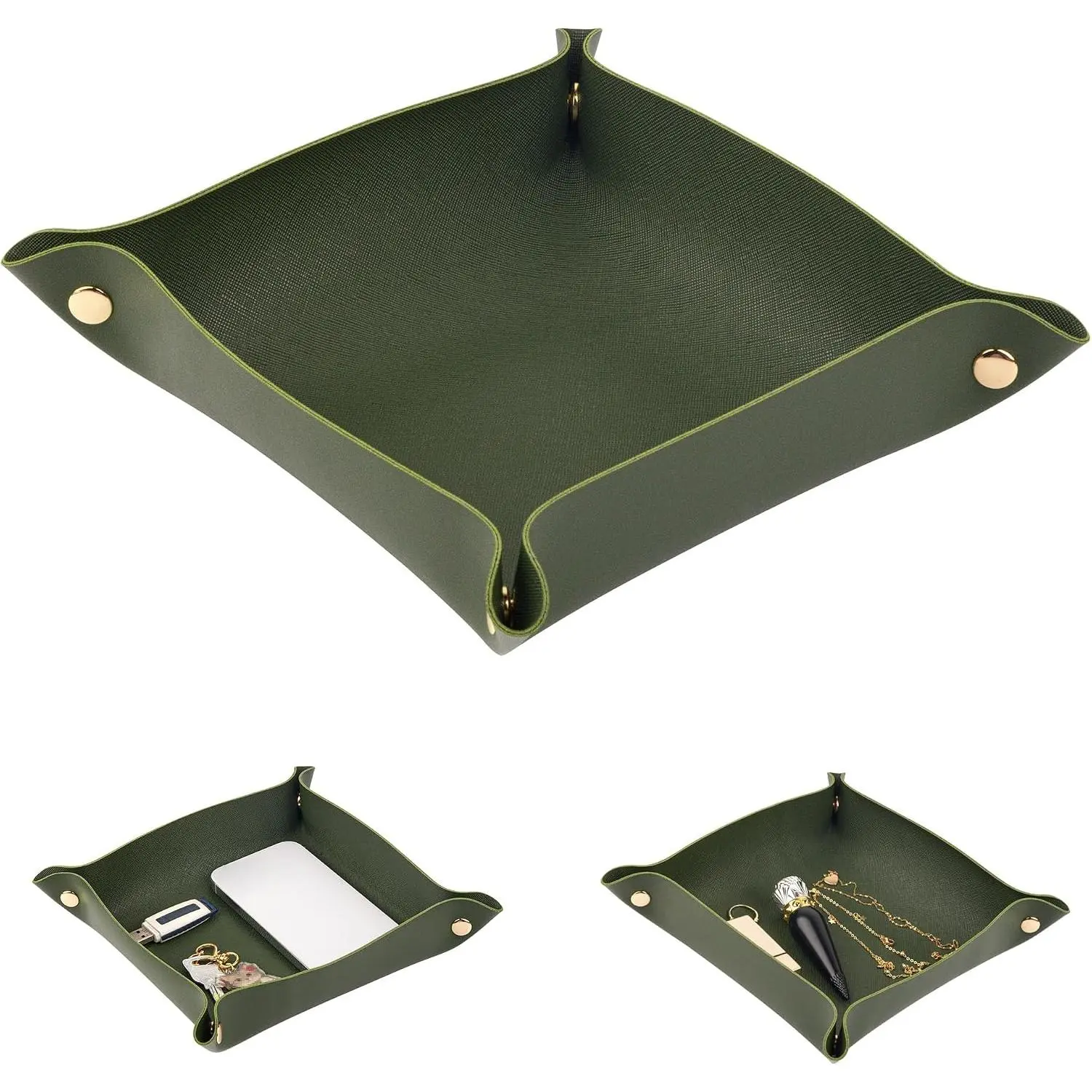 PU Leather Synthetic Valet Tray - 1 Pack 9.84"x9.84" Square Green with Corner Buttons, Modern Portable Decor, Desktop Ornament, Everyday Use Organizer for Bedroom Night Stand Home Supplies Storage