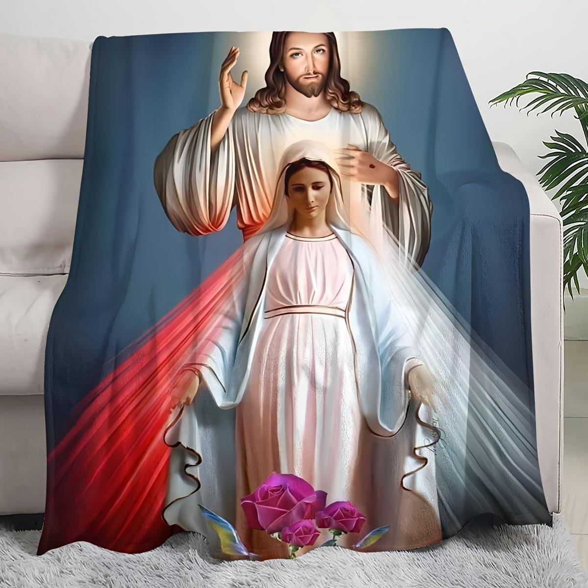 Contemporary Religious Flannel Print Throw Blanket - Machine Washable, All-Season Multi-Color Jesus and Virgin Mary Design, Multipurpose Gift for Faith Believers
