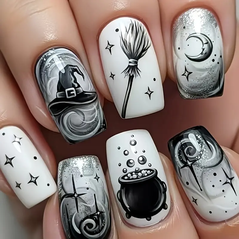 24-Pack Halloween Dark Witch Moonlit Whispers Black and White Hand-Drawn Magic Hat, Broom, Cauldron Reusable Nail Stickers