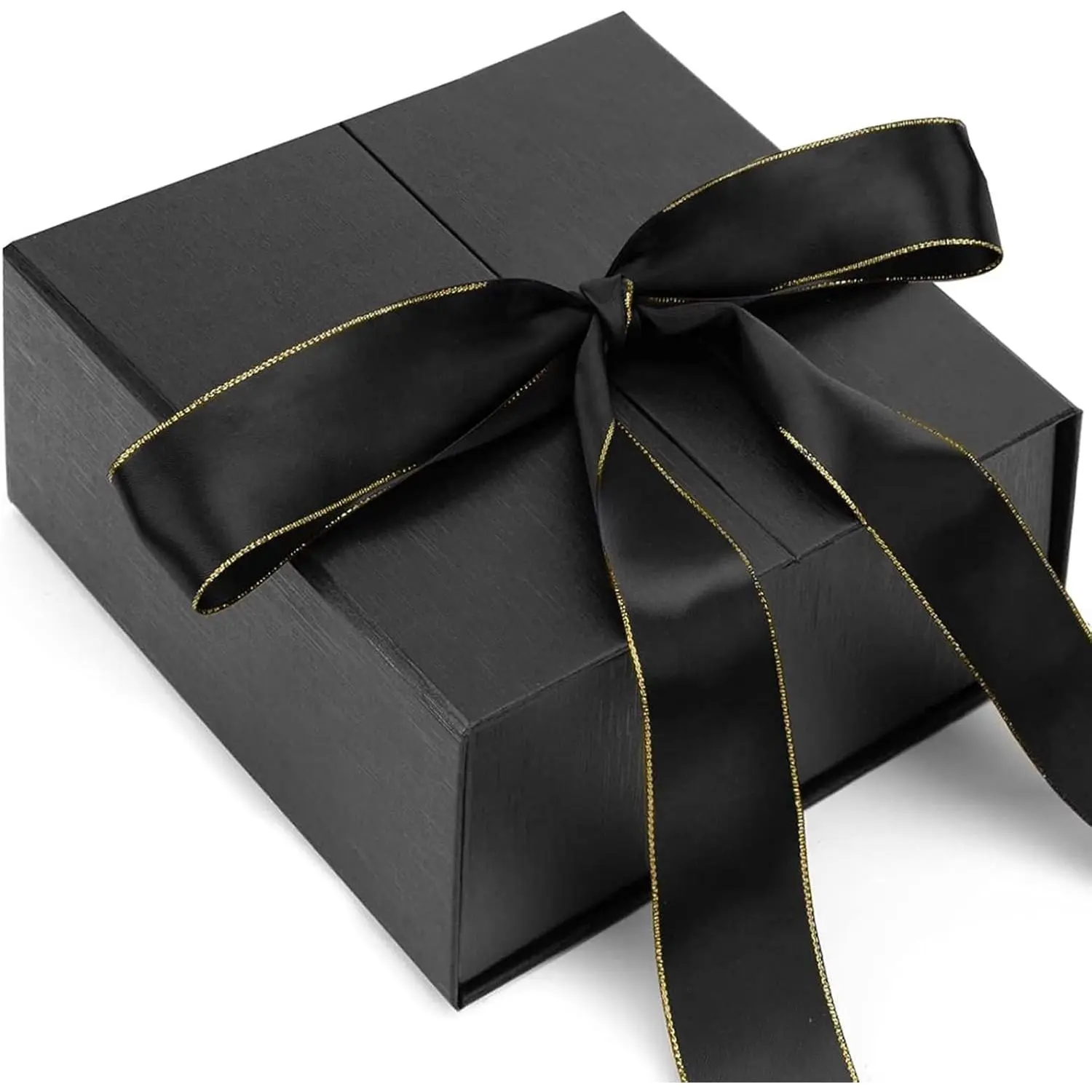 Black Modern Cardboard Gift Boxes with Ribbon Closure, 8x8x3.5 in Office Stationery Accessory for Weddings, Birthdays, Storage Organization, Gift Box