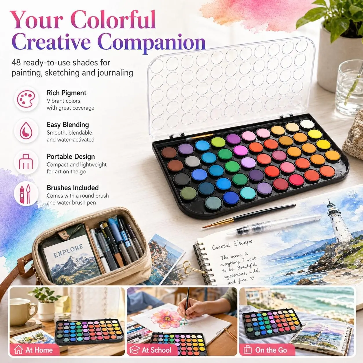 48 Colors Watercolor Paint Set with Brushes, Portable Art Painting Supplies, Non-Toxic, Vibrant Paints, Smooth Mixing, Lid Palette, for Beginners, Kids, Artists