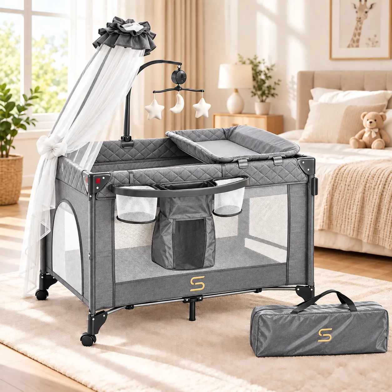 Portable Baby Crib 6 in 1 Pack and Play Travel Crib with Bassinet and Changing Station, Foldable Baby Playard for Infant Newborn, Bedside Sleeper, Playpen with Mosquito Net, Diaper Storage, Zipper Door & Wheels for Nursery Travel