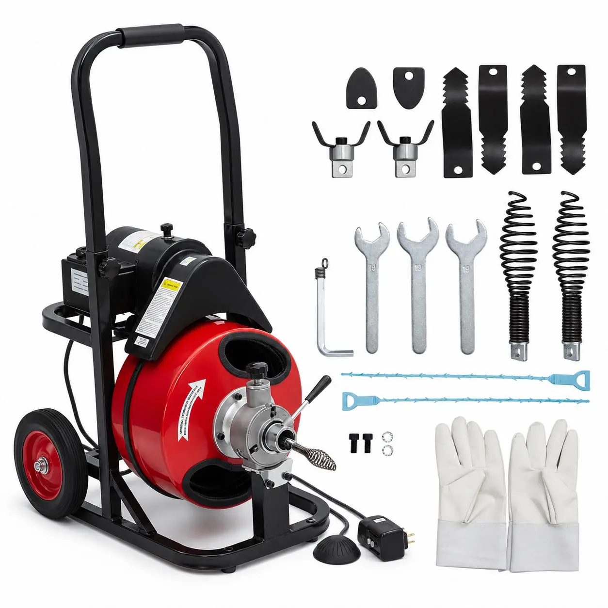 100FT x 1/2 Inch Steel Core Cable Drain Cleaner Machine with 8PCS Interchangeable Cutters, Air-Activated Foot Switch, Portable Sewer Snake for Commercial & Residential Pipe Unclogging