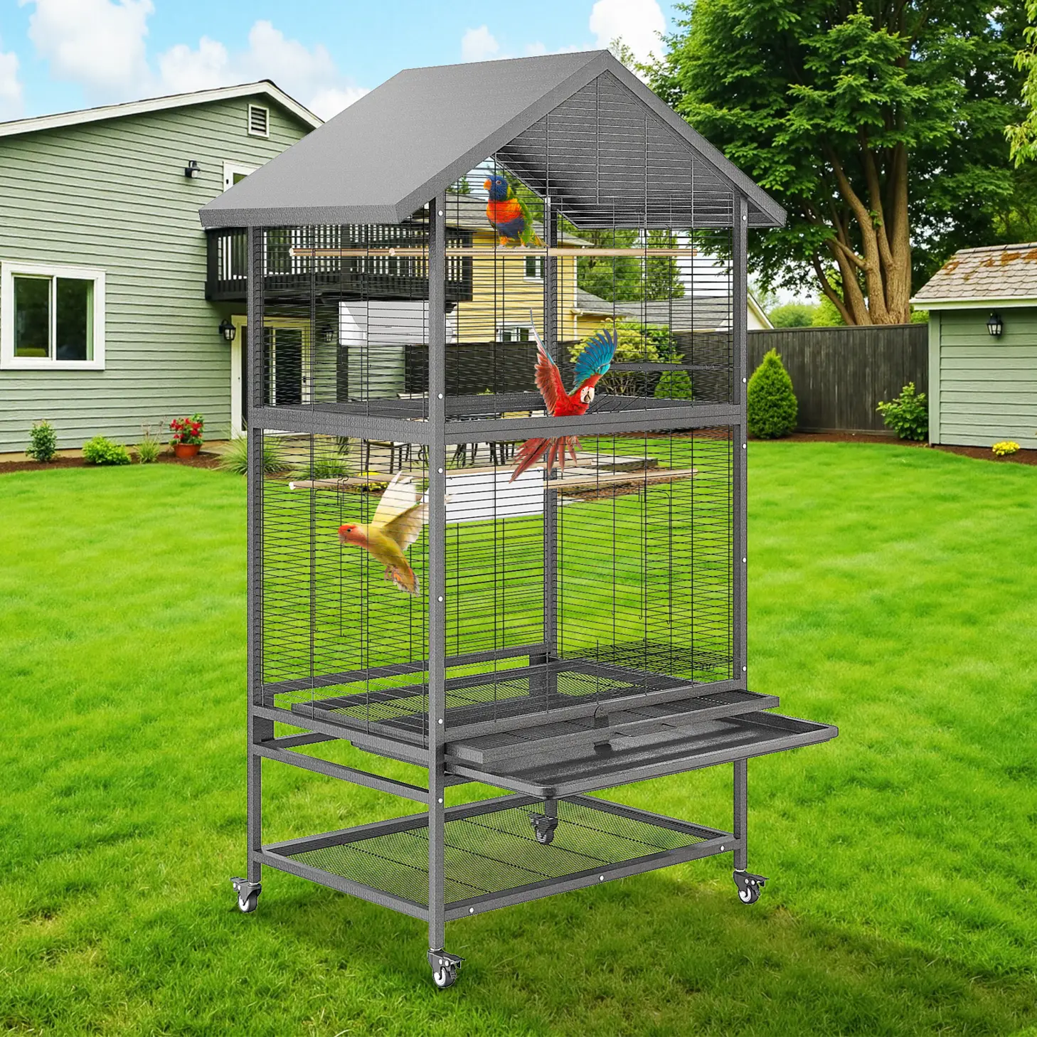 67.5in Rolling Parrot Cage with Play Top, Stand, 4 Feeders, 3 Perches, Seed Guard, Removable Tray for Small and Medium Birds