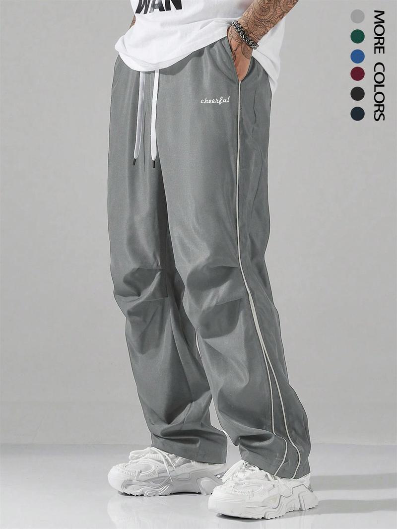 Men's Letter Embroidery Drawstring Waist Wide Leg Cargo Pants, Casual Comfy Pocket Trousers for Daily Wear, Woven Bottoms for All Seasons