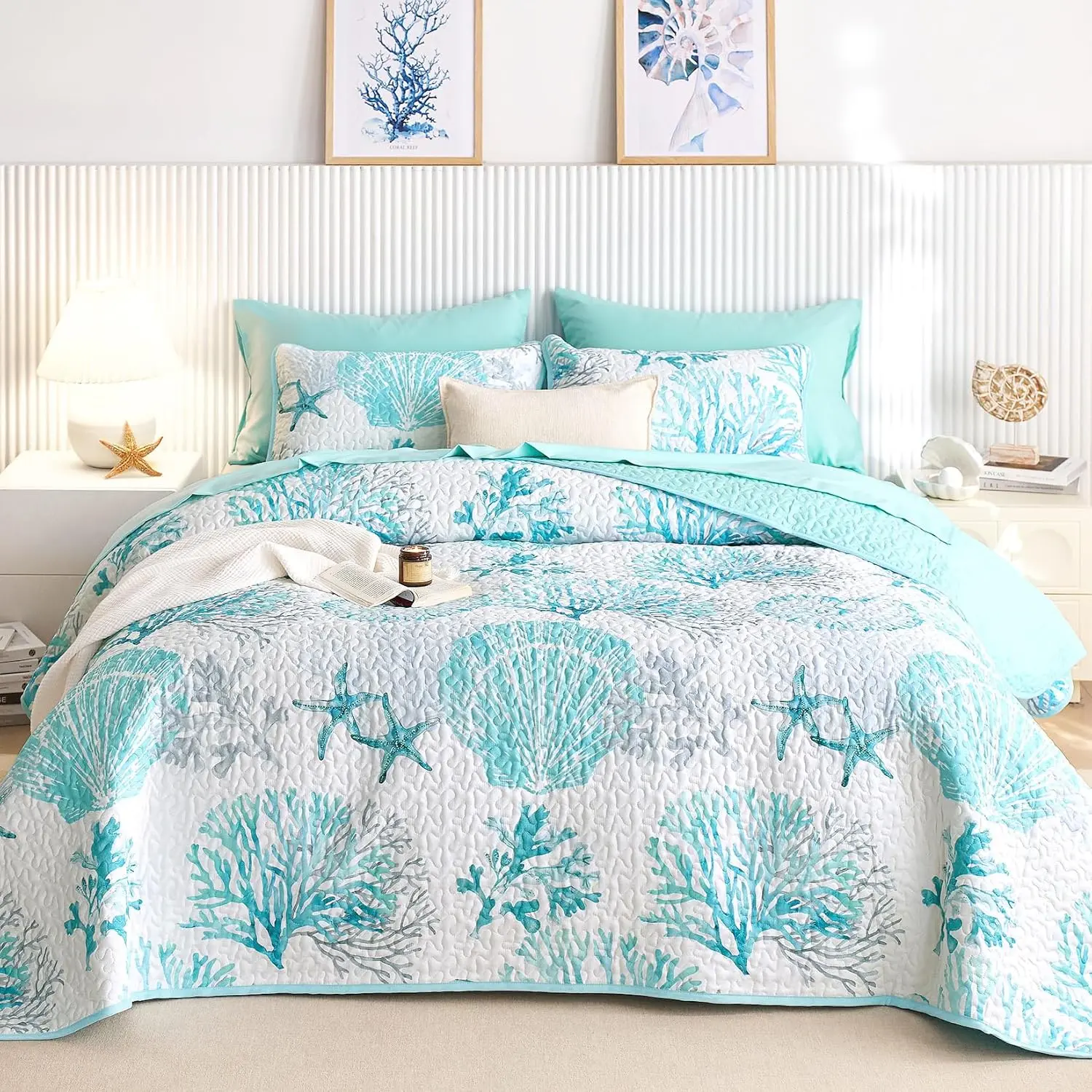 - Coastal Quilt Set, Nautical  Beach Themed Tropical Summer Patterned, Reversible Lightweight Bedspread Coverlet, 3 count,  Turquoise, Kg Size