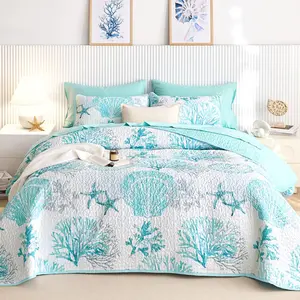 - Coastal Quilt Set, Nautical  Beach Themed Tropical Summer Patterned, Reversible Lightweight Bedspread Coverlet, 3 count,  Turquoise, Kg Size