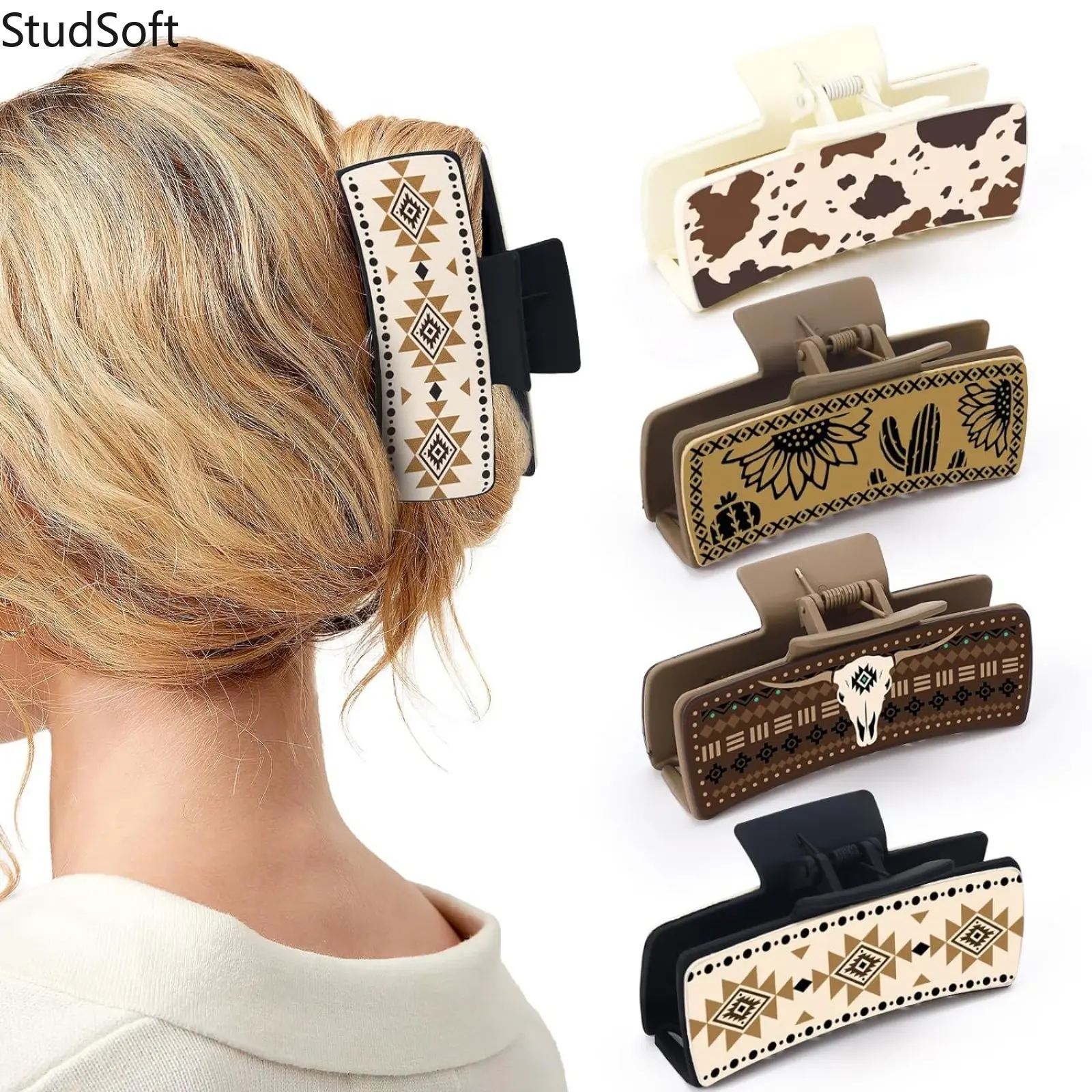 4Pcs Western Claw Clips Large Matte Square Hair Claw Clips Aztec Cow Print Bull Skull Hair Clamps Aesthetic Hair Accessories for Women Thick Hair