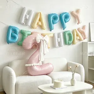 Dopamine Birthday Happy Letters and 40-Inch Matte Baby Large Number Balloons 0-9, Pearl Knot Design, Party Photo Props and Decorations
