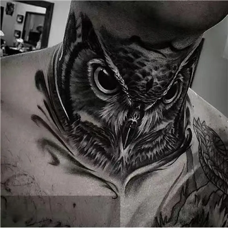 Black Owl Temporary Tattoo Sticker Waterproof Lasting Hand-Painted Hand Back Neck Fake Tattoo Big Personality Tattoo Sticker Men