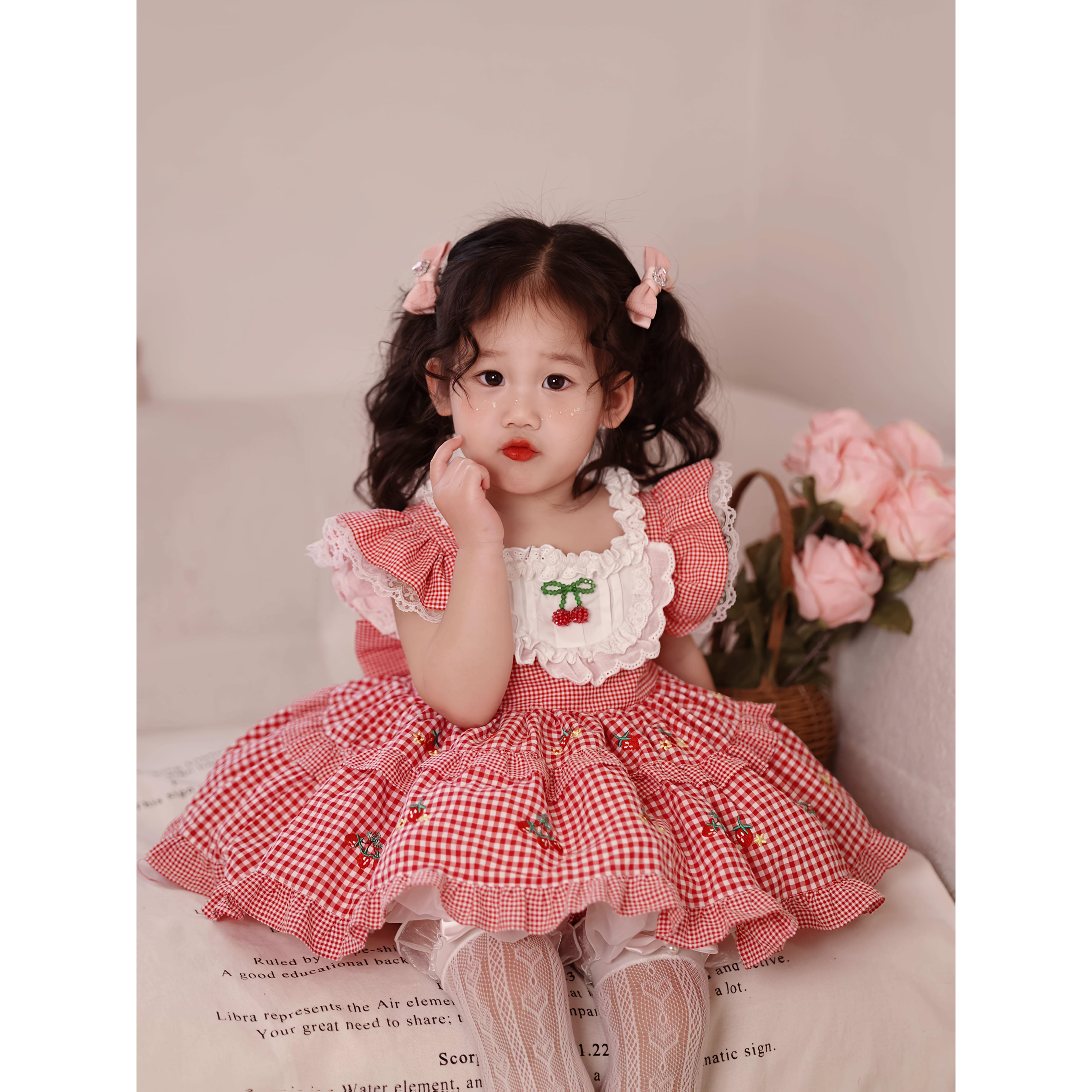 Girls' Retro Cherry Print Short Dresses - Loose-Fit Summer Party Ready Dress with Bow Waist Accessory, Elastic Sock-Style Leg Warmers, Non-Stretch Fabric, Easy Care for Theme Parties & Daily Play (No Petticoat Needed)