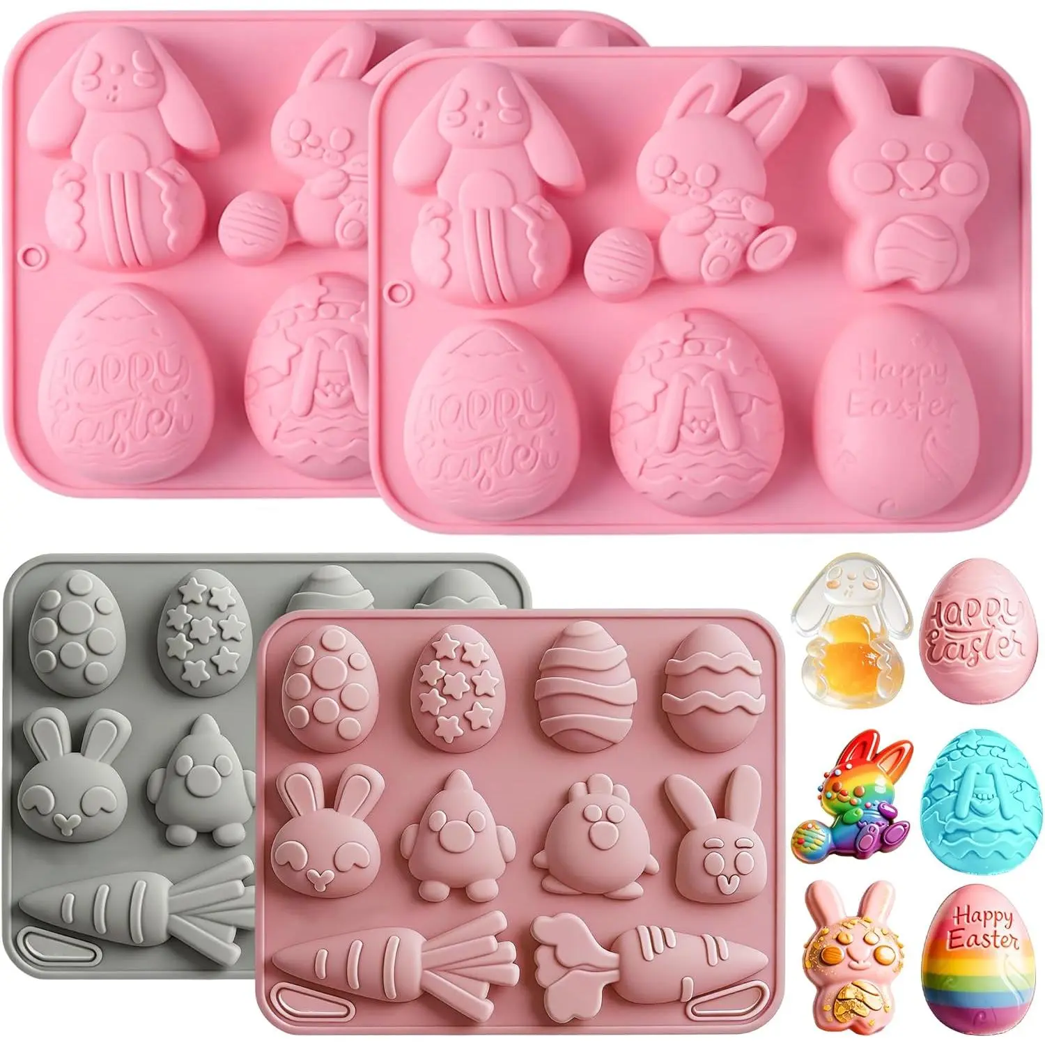4 Pack Easter  Molds , Non-Stick Egg Shaped  Mold Bunny Jello Mold  Half- Cartoon Design for Baking Candy  Soap Jelly Cookie & Easter Basket Stuffers