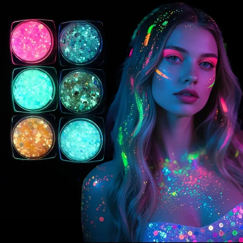Glow-in-the-Dark Water-Based Glitter Gel Sequins (6pcs/12-pack) - Glitter Decorations Photobooth Props for Carnival, Costume Events