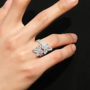 Diamond-studded staggered butterfly open ring, fashionable and unique, hip-hop style, versatile, unisex, a gift for girlfriend or boyfriend
